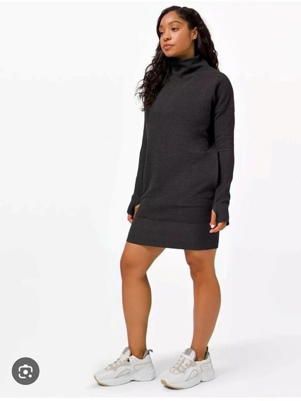 Lululemon Call For Cozy Dress Black Mock Neck Thumbholes Pockets Sz 6 Ribbed